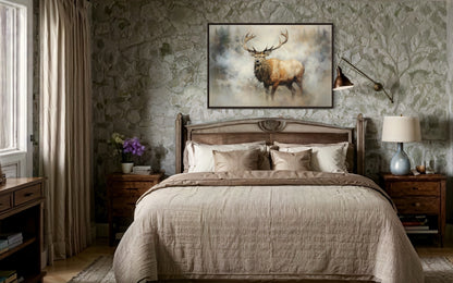Elk In Smokey Forest -Wildlife Canvas Wall Art For Cabin Living Room Decor