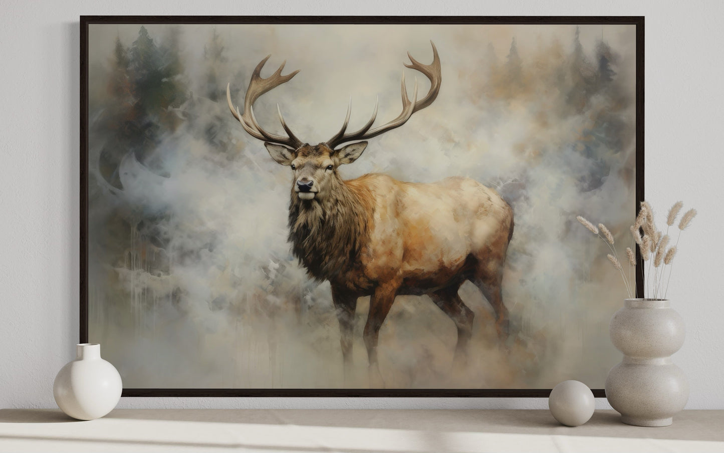 Elk In Smokey Forest -Wildlife Canvas Wall Art For Cabin Living Room Decor