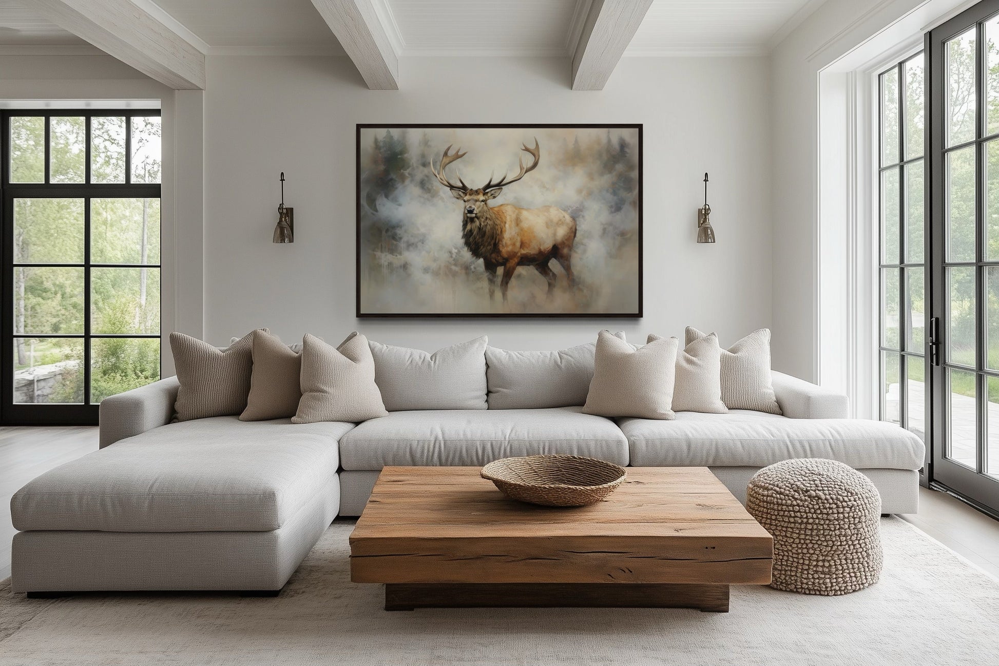 Elk In Smokey Forest -Wildlife Canvas Wall Art For Cabin Living Room Decor