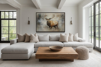 Elk In Smokey Forest -Wildlife Canvas Wall Art For Cabin Living Room Decor