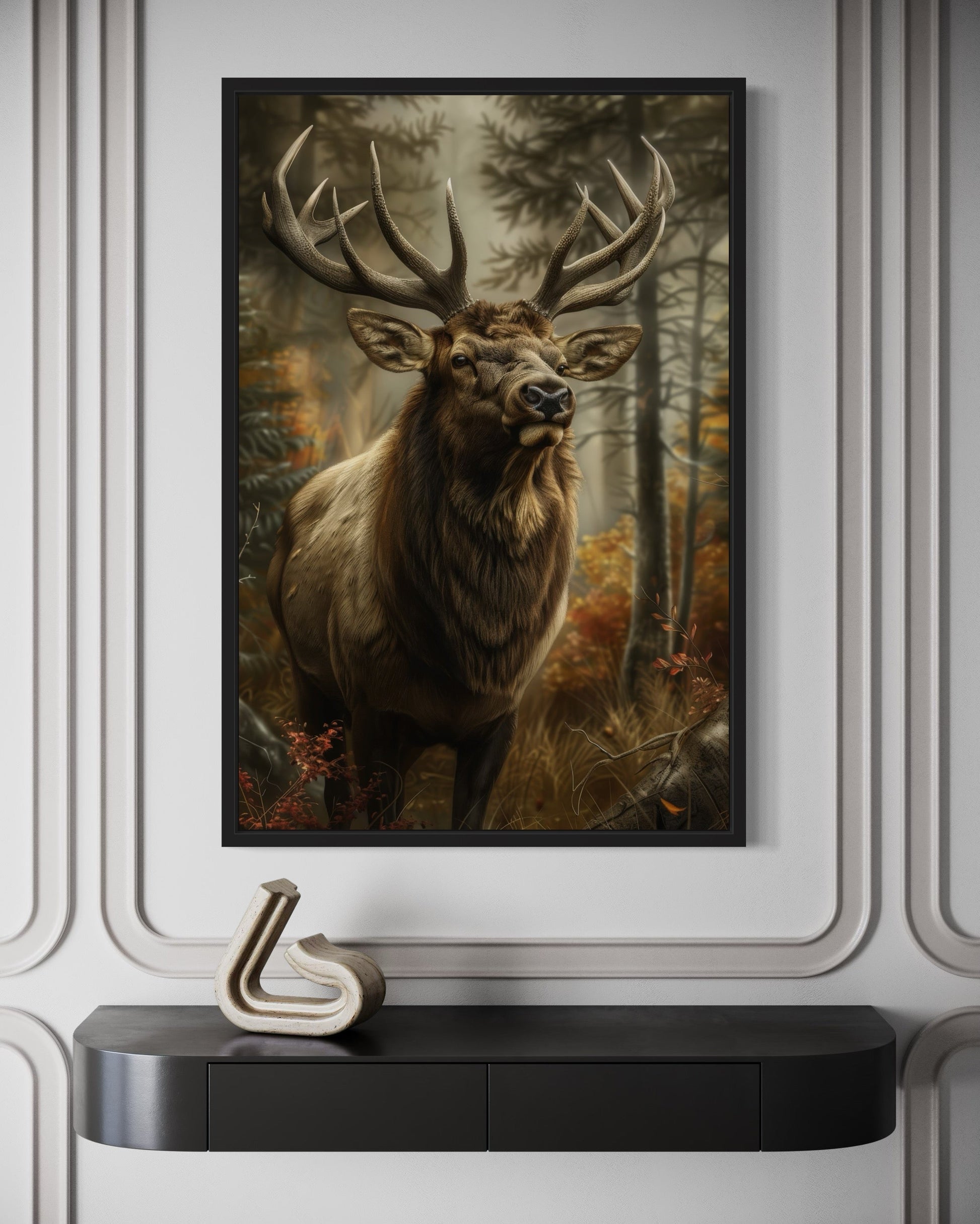 Elk In The Forest Framed Canvas Wall Art