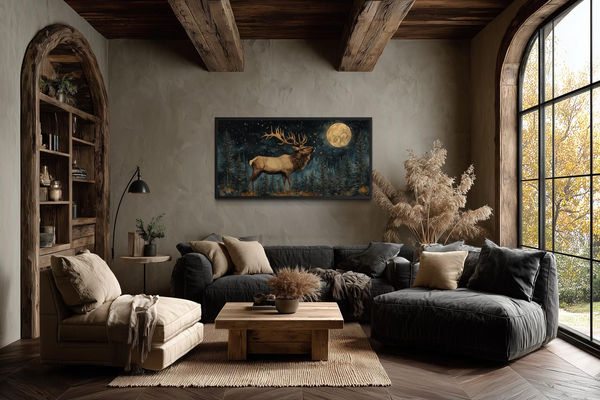 Elk In The Night Forest With Full Moon Wall Art | Rustic Lodge Decor