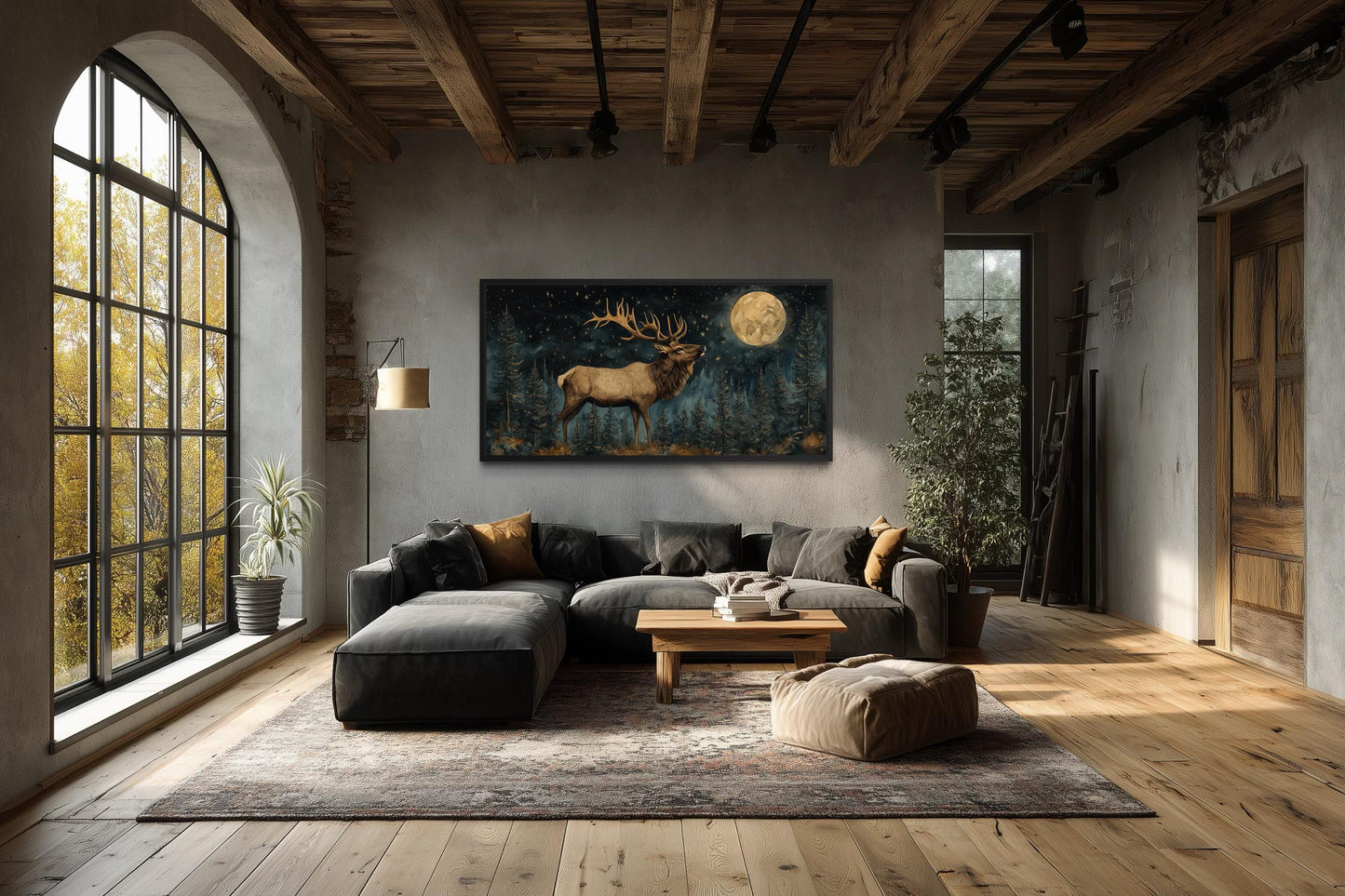 Elk In The Night Forest With Full Moon Wall Art | Rustic Lodge Decor