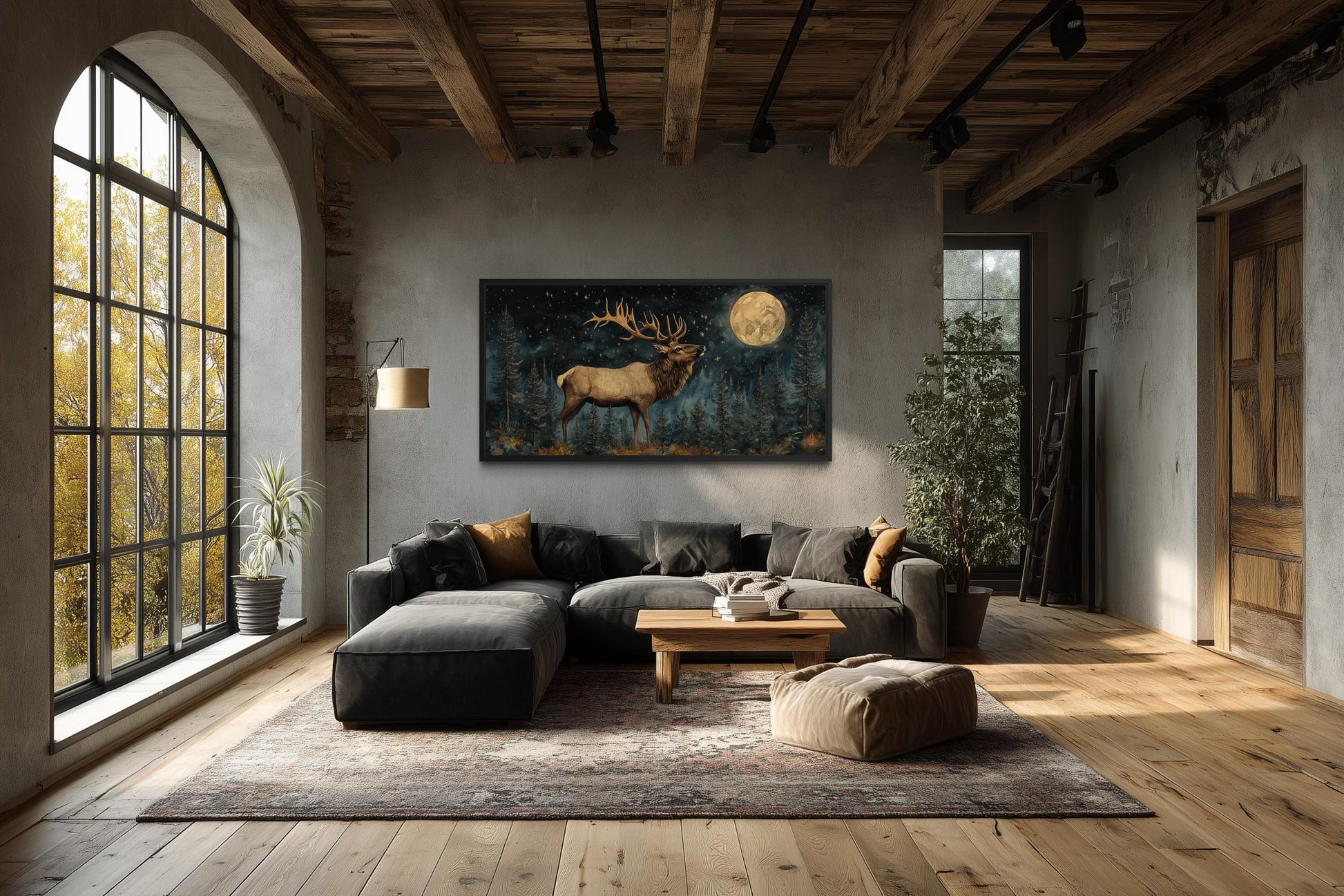 Elk In The Night Forest With Full Moon Wall Art | Rustic Lodge Decor