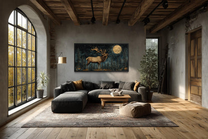 Elk In The Night Forest With Full Moon Wall Art | Rustic Lodge Decor