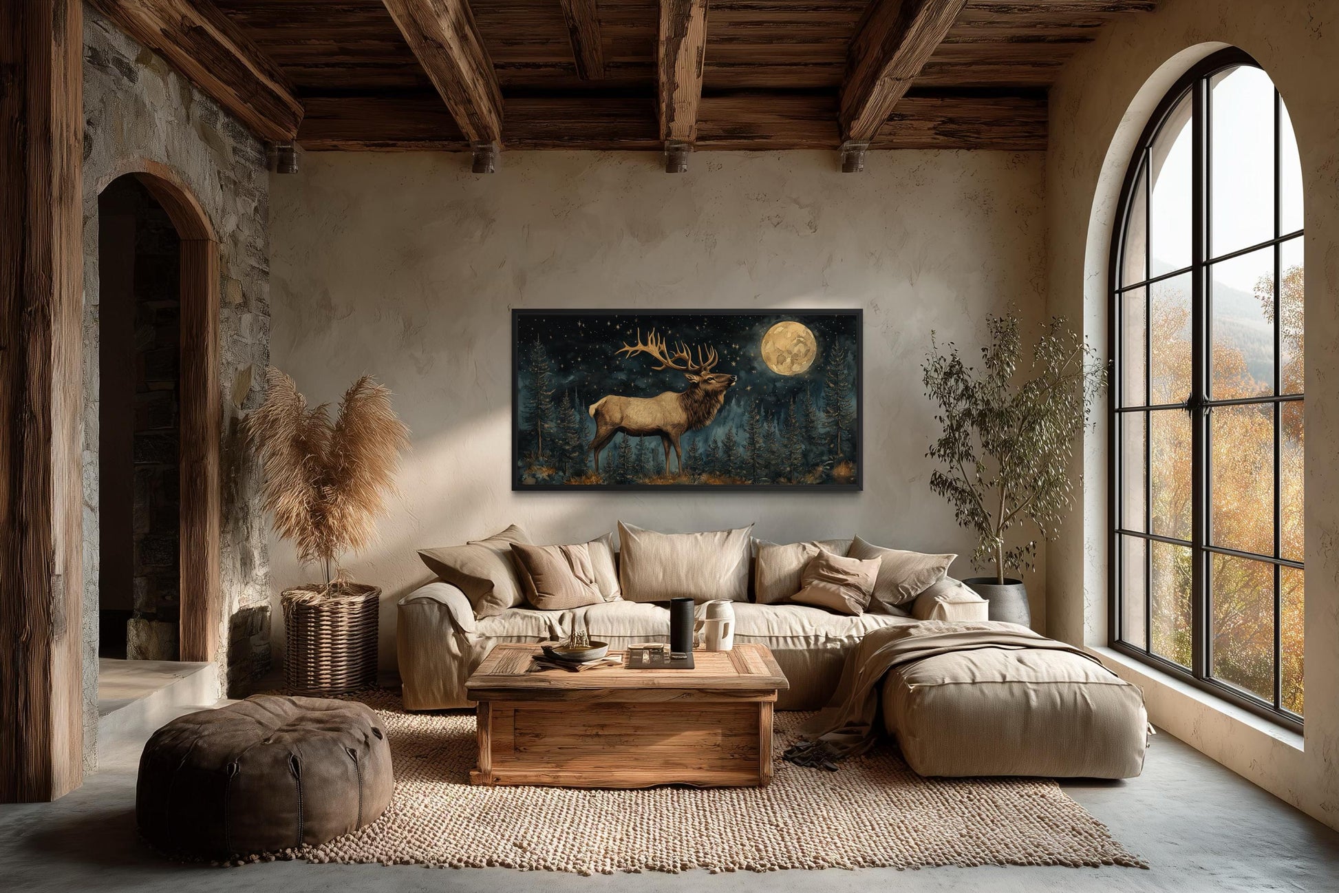 Elk In The Night Forest With Full Moon Wall Art | Rustic Lodge Decor