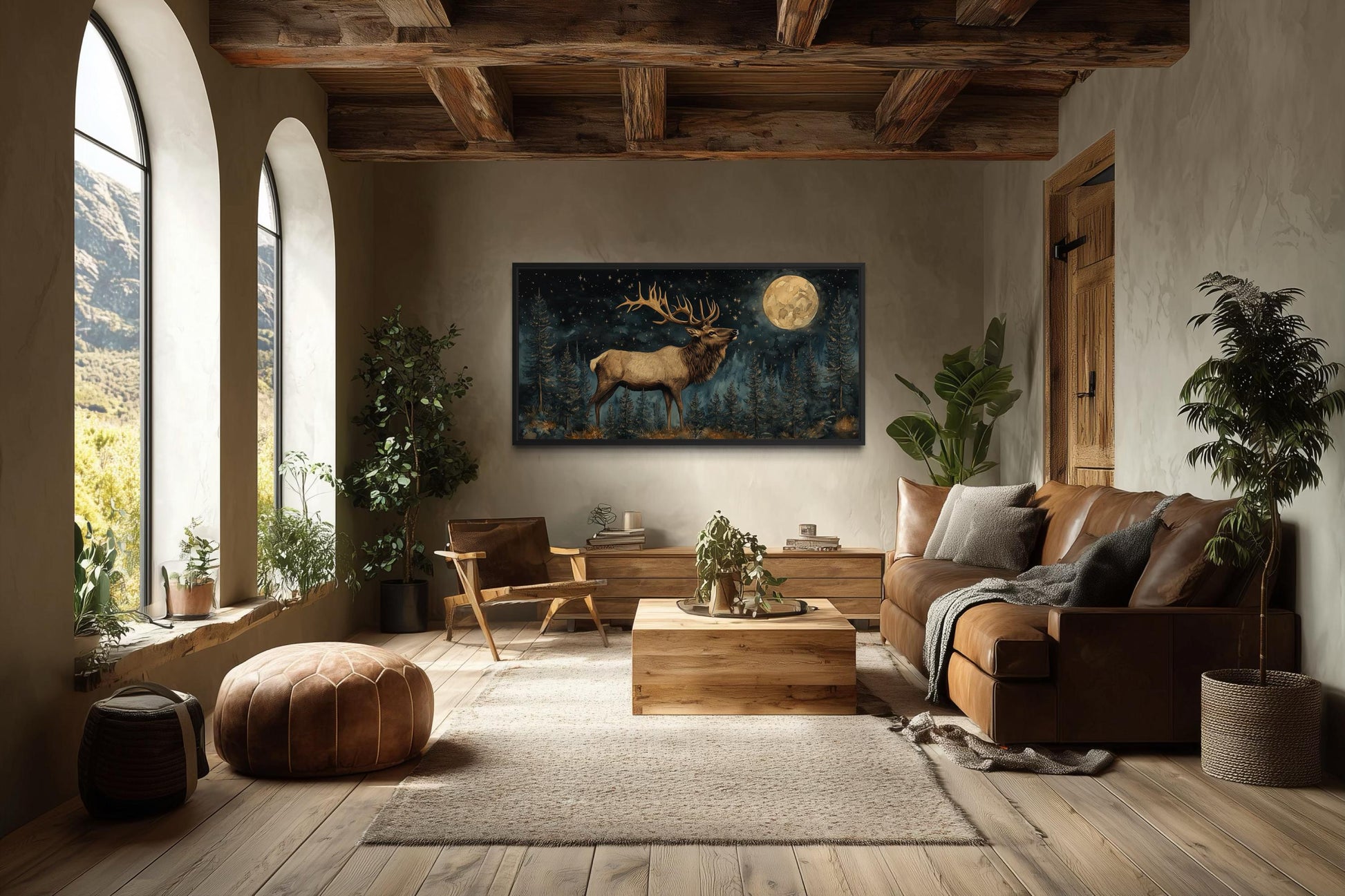 Elk In The Night Forest With Full Moon Wall Art | Rustic Lodge Decor