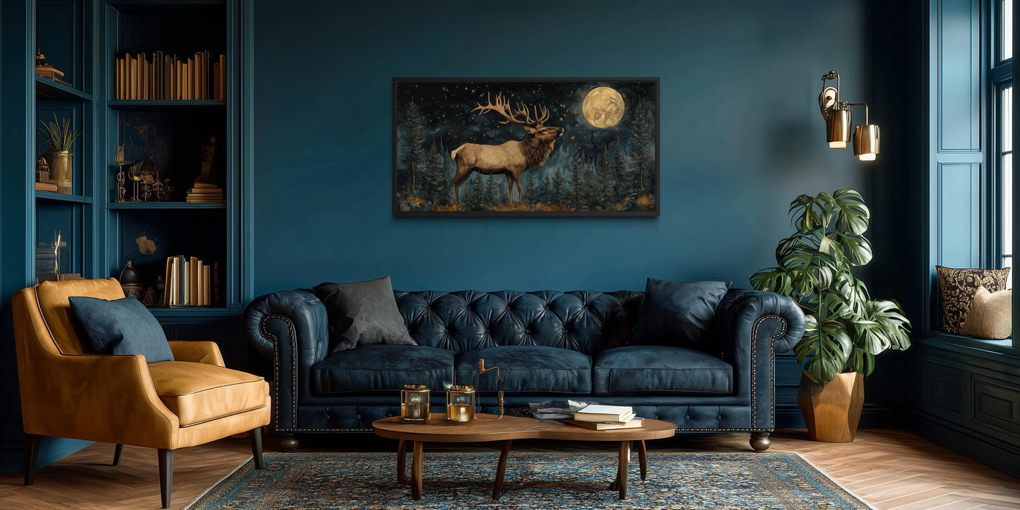 Elk In The Night Forest With Full Moon Wall Art | Rustic Lodge Decor
