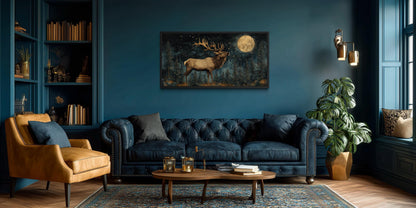 Elk In The Night Forest With Full Moon Wall Art | Rustic Lodge Decor
