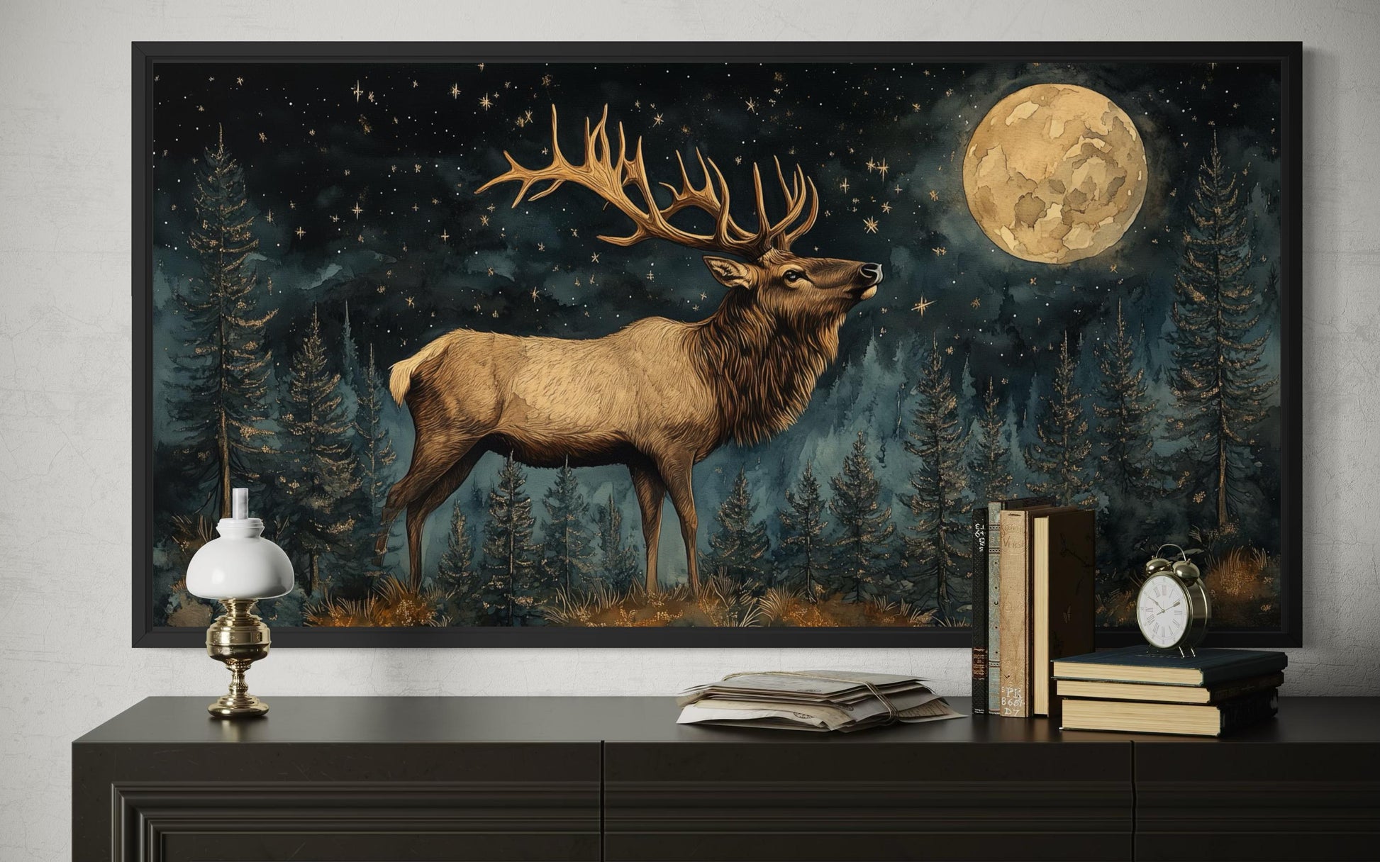 Elk In The Night Forest With Full Moon Wall Art | Rustic Lodge Decor
