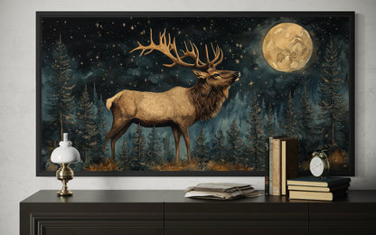 Elk In The Night Forest With Full Moon Wall Art | Rustic Lodge Decor