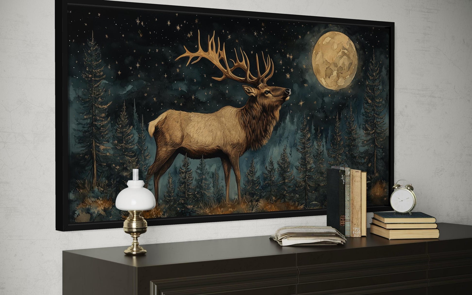 Elk In The Night Forest With Full Moon Wall Art | Rustic Lodge Decor