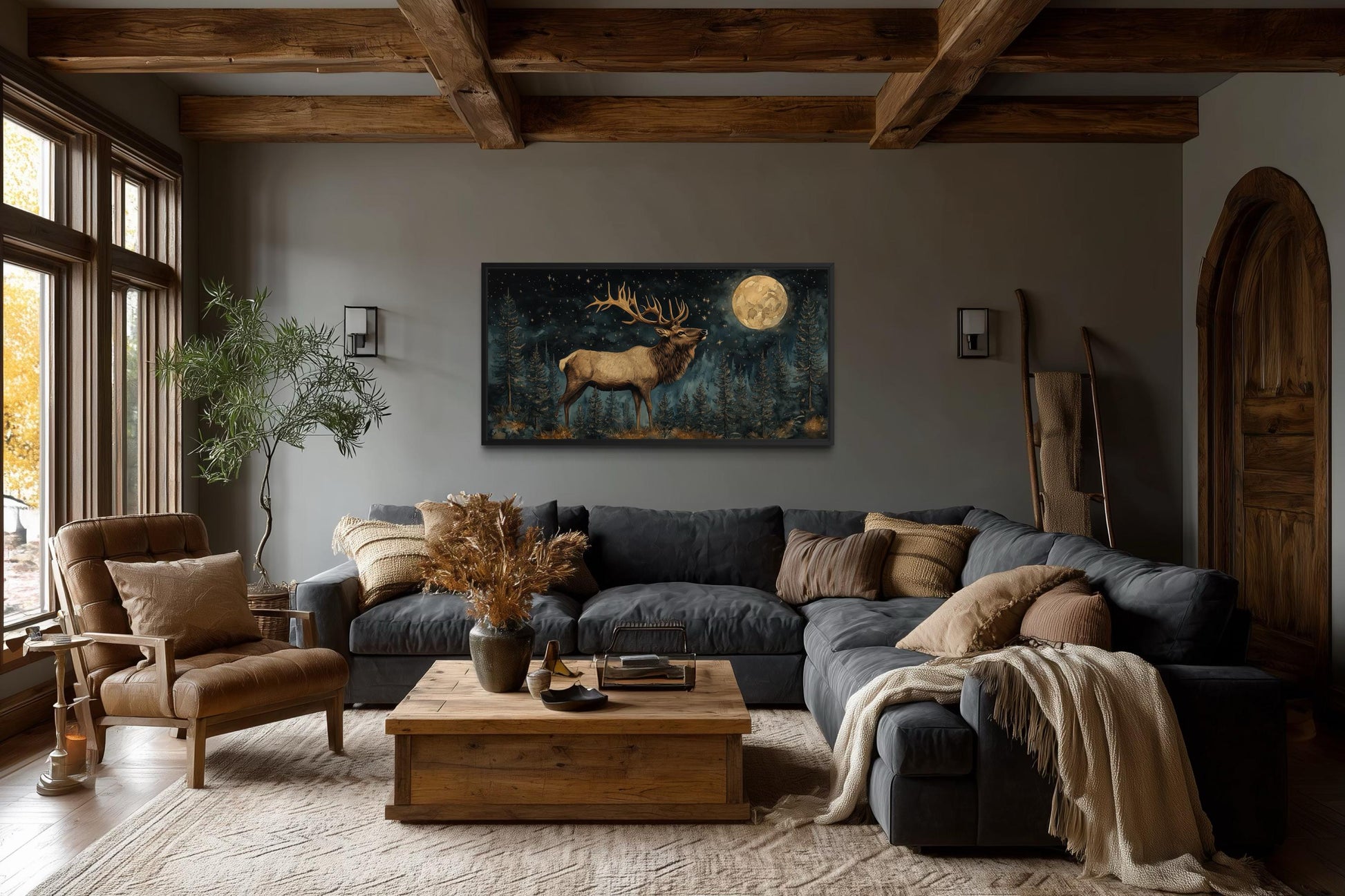 Elk In The Night Forest With Full Moon Wall Art | Rustic Lodge Decor