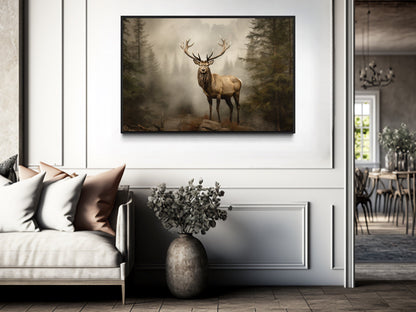 Elk In Fir Tree Forest Painting - Rustic Wildlife Wall Art For Cabin Decor