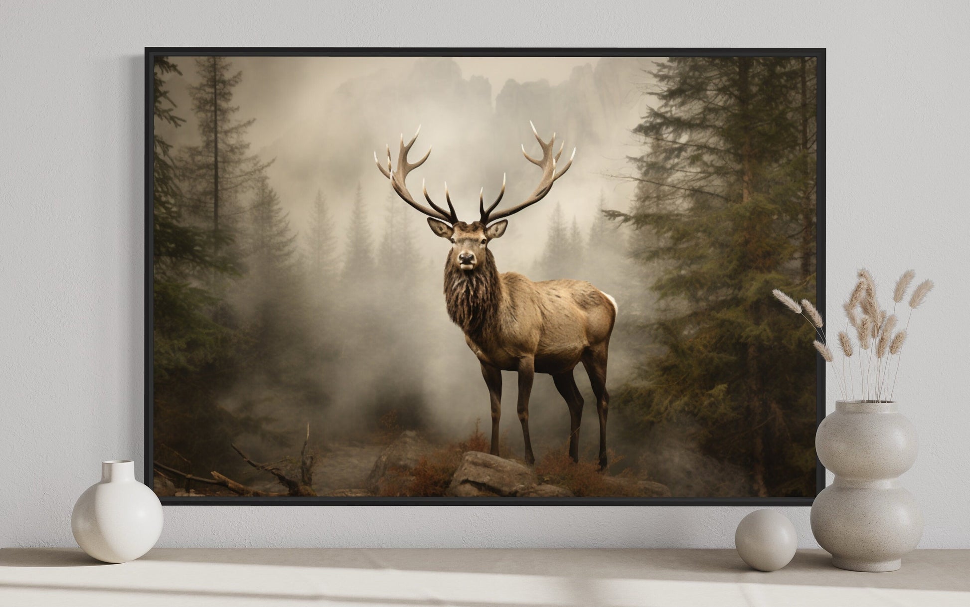 Elk In Fir Tree Forest Painting - Rustic Wildlife Wall Art For Cabin Decor