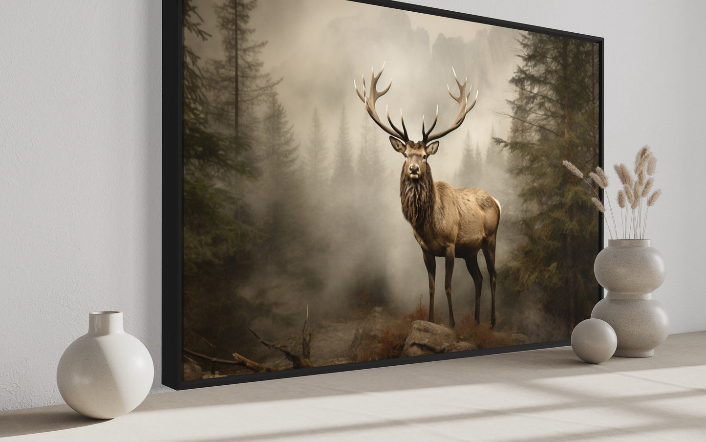 Elk In Fir Tree Forest Painting - Rustic Wildlife Wall Art For Cabin Decor