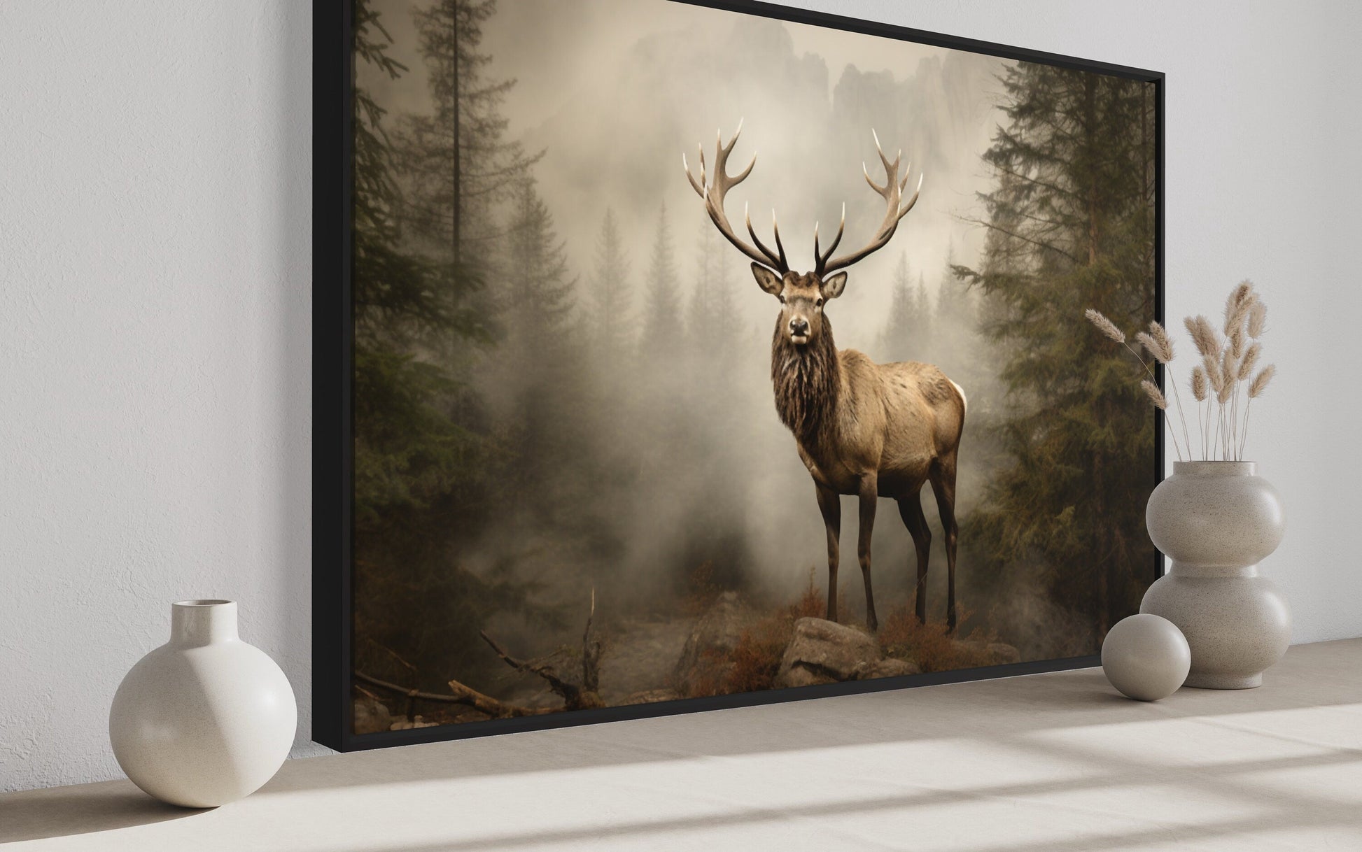 Elk In Fir Tree Forest Painting - Rustic Wildlife Wall Art For Cabin Decor