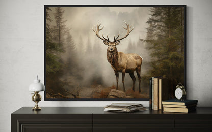 Elk In Fir Tree Forest Painting - Rustic Wildlife Wall Art For Cabin Decor
