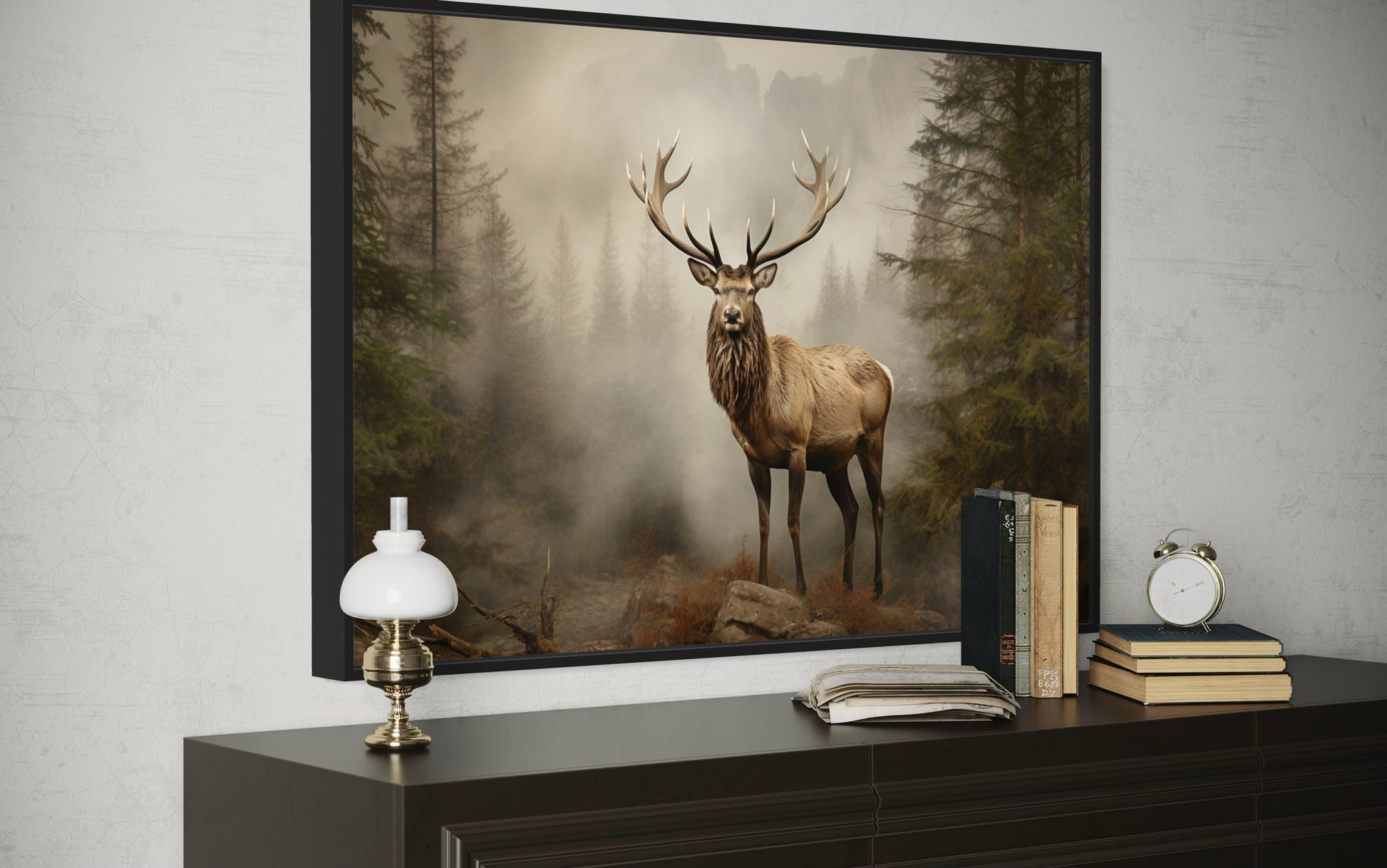 Elk In Fir Tree Forest Painting - Rustic Wildlife Wall Art For Cabin Decor