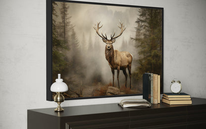 Elk In Fir Tree Forest Painting - Rustic Wildlife Wall Art For Cabin Decor