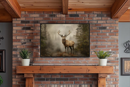 Elk In Fir Tree Forest Painting - Rustic Wildlife Wall Art For Cabin Decor