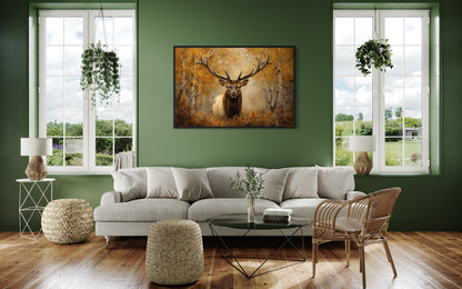 Elk Portrait In Autumn Forest Framed Canvas Wall Art