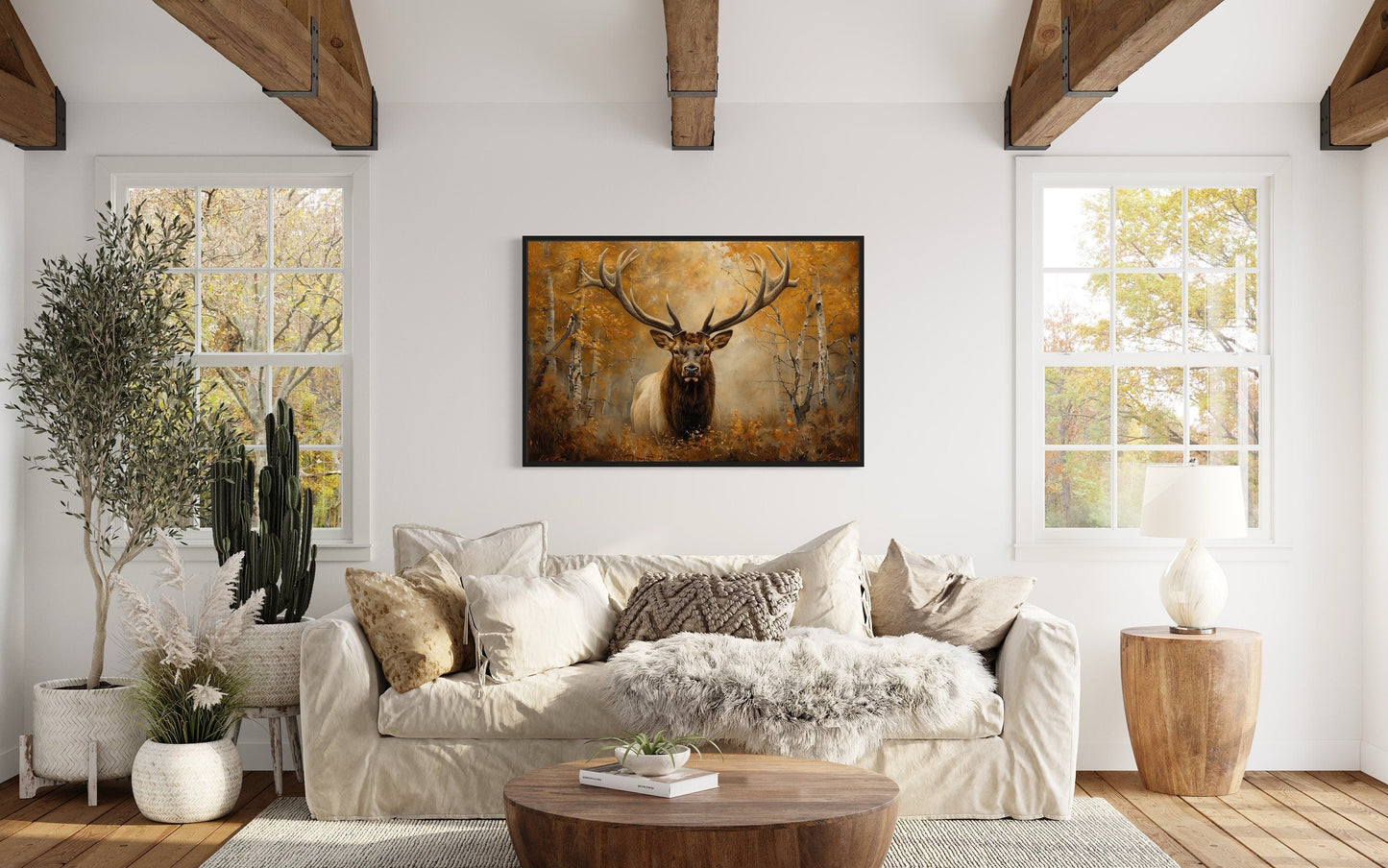 Elk Portrait In Autumn Forest Framed Canvas Wall Art