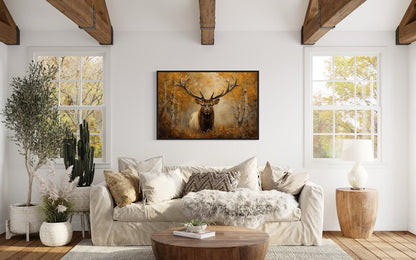 Elk Portrait In Autumn Forest Framed Canvas Wall Art