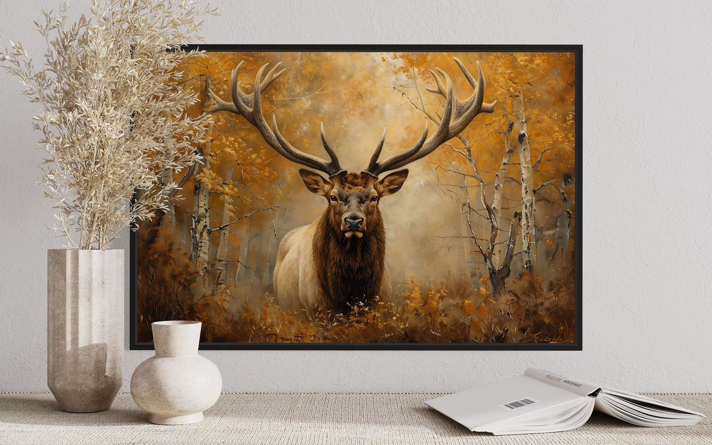 Elk Portrait In Autumn Forest Framed Canvas Wall Art