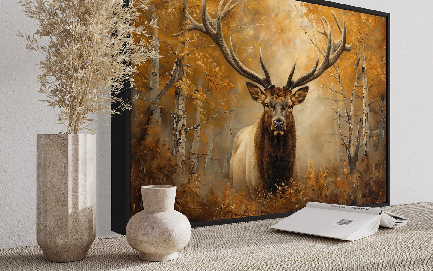 Elk Portrait In Autumn Forest Framed Canvas Wall Art