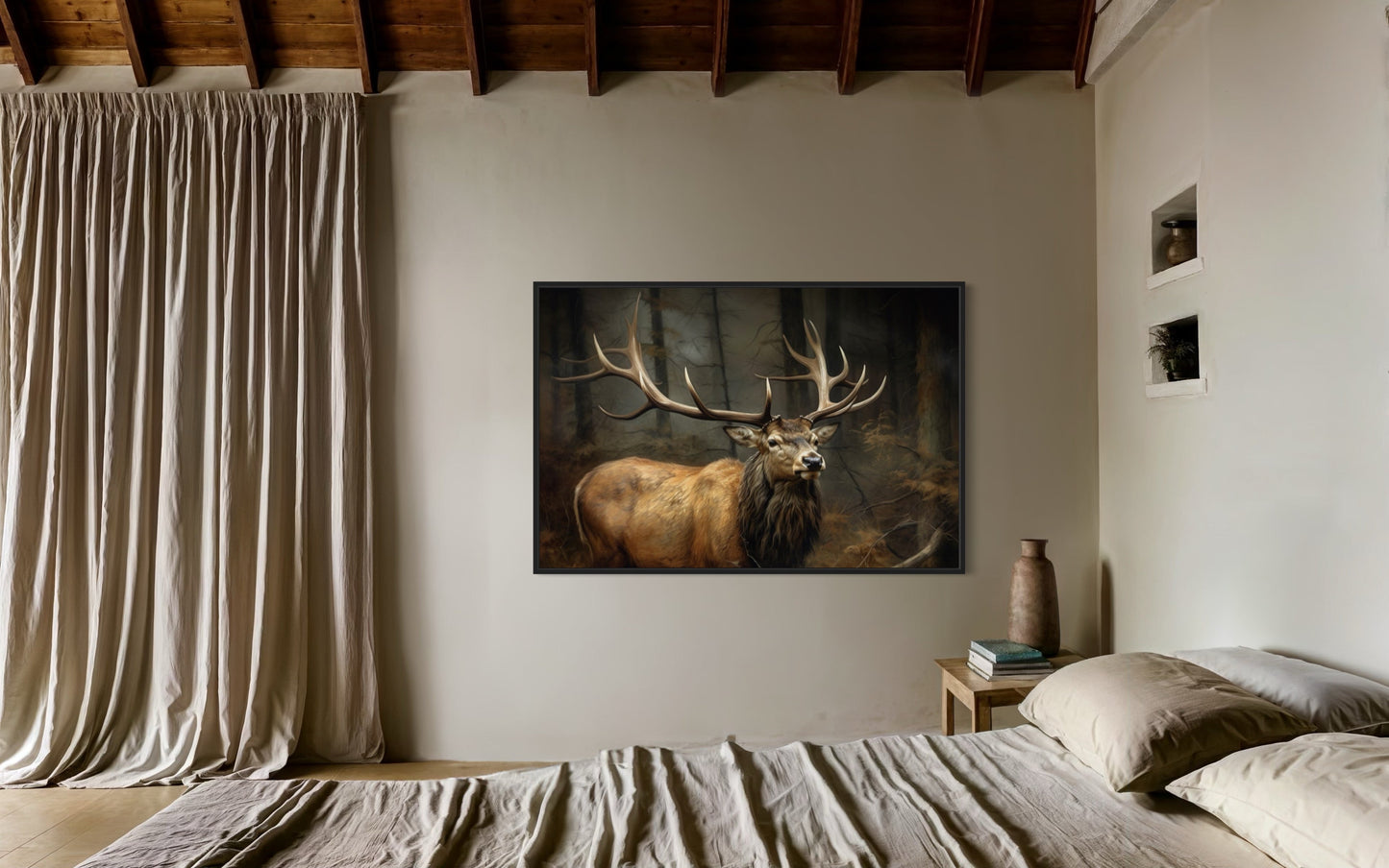 Elk With Big Antlers In The Forest Framed Canvas Wall Art
