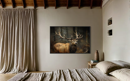 Elk With Big Antlers In The Forest Framed Canvas Wall Art