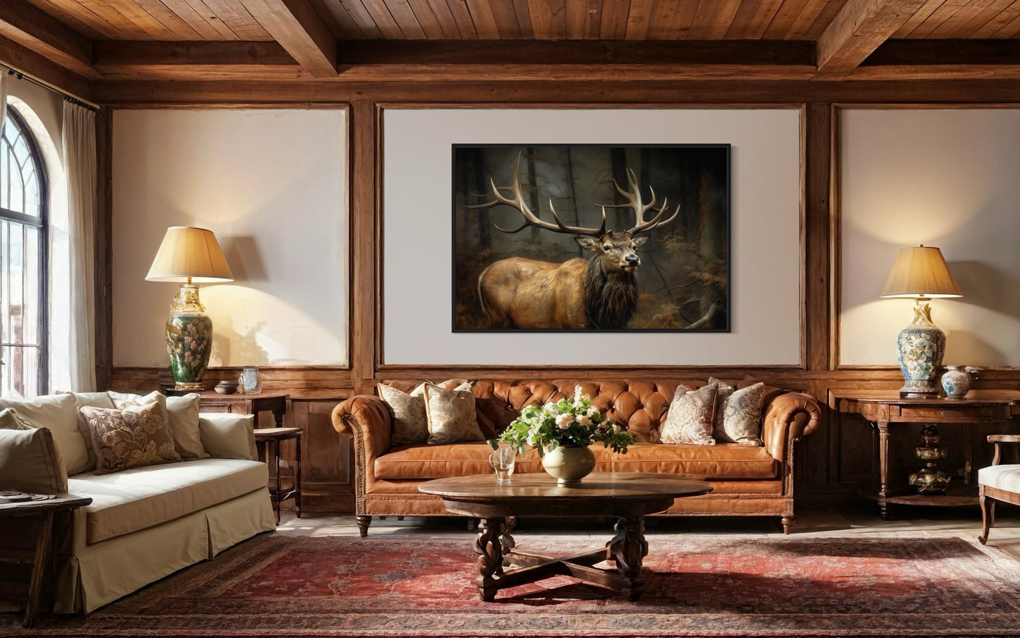 Elk With Big Antlers In The Forest Framed Canvas Wall Art