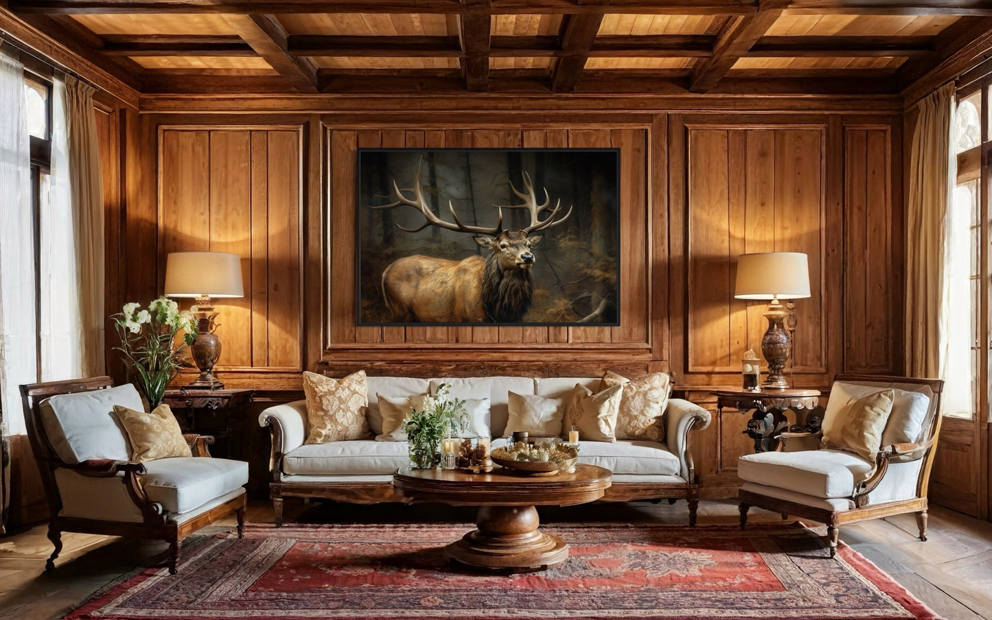 Elk With Big Antlers In The Forest Framed Canvas Wall Art