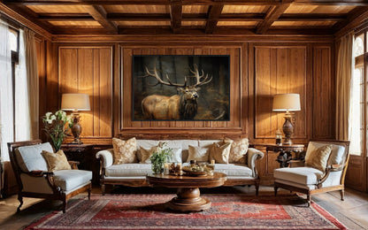 Elk With Big Antlers In The Forest Framed Canvas Wall Art