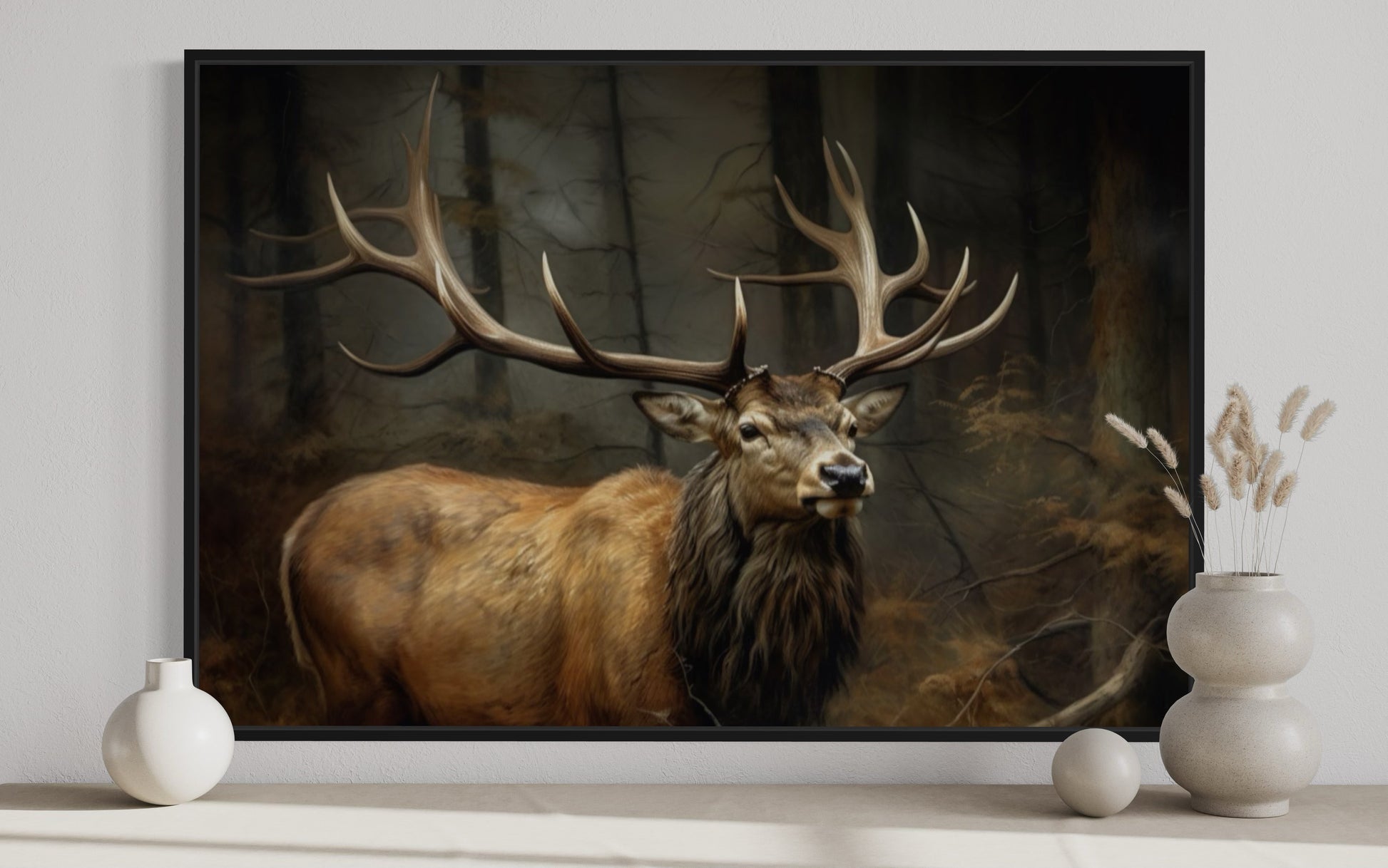 Elk With Big Antlers In The Forest Framed Canvas Wall Art