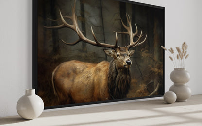 Elk With Big Antlers In The Forest Framed Canvas Wall Art