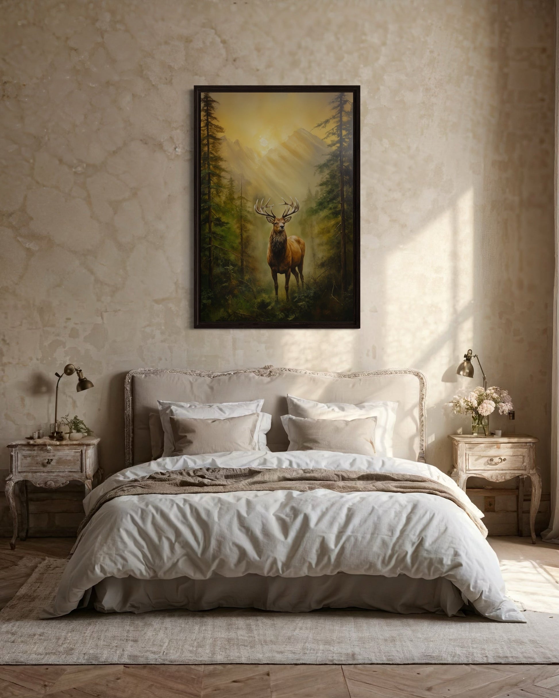 Elk in Fir Tree Forest At Sunrise Framed Canvas Wall Art