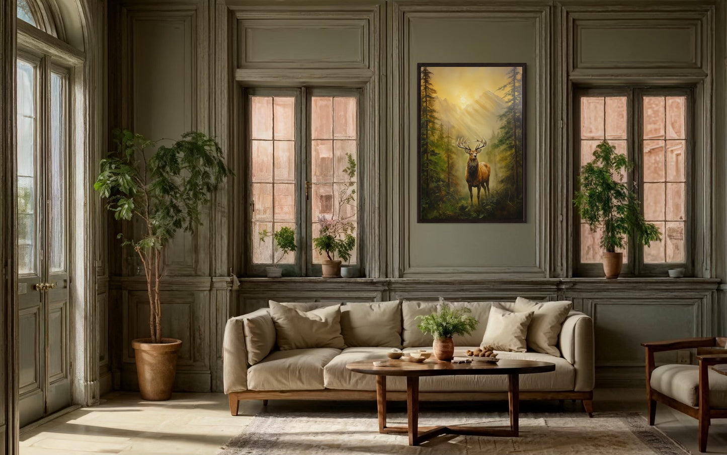 Elk in Fir Tree Forest At Sunrise Framed Canvas Wall Art