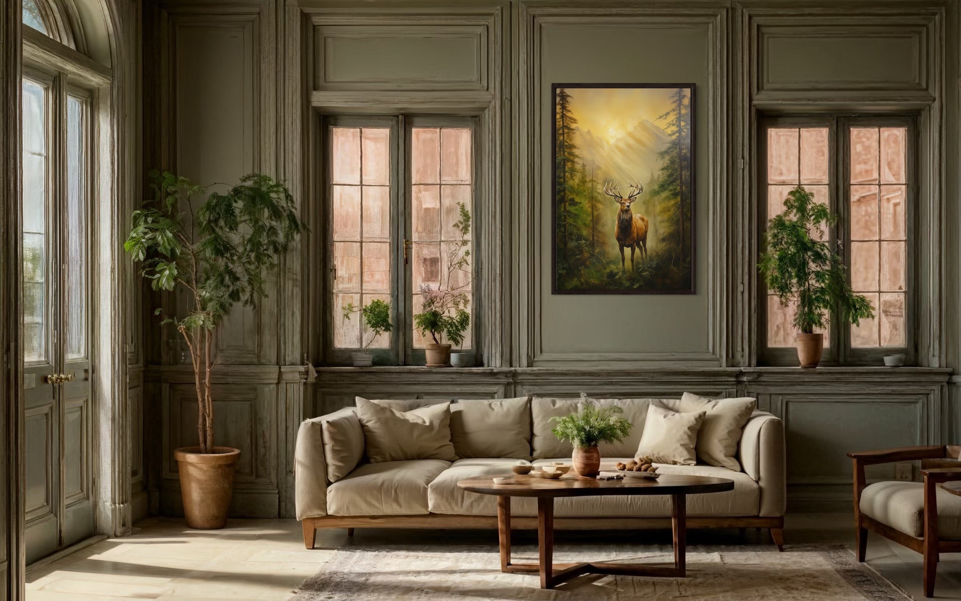 Elk in Fir Tree Forest At Sunrise Framed Canvas Wall Art