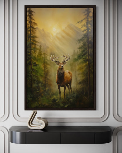 Elk in Fir Tree Forest At Sunrise Framed Canvas Wall Art