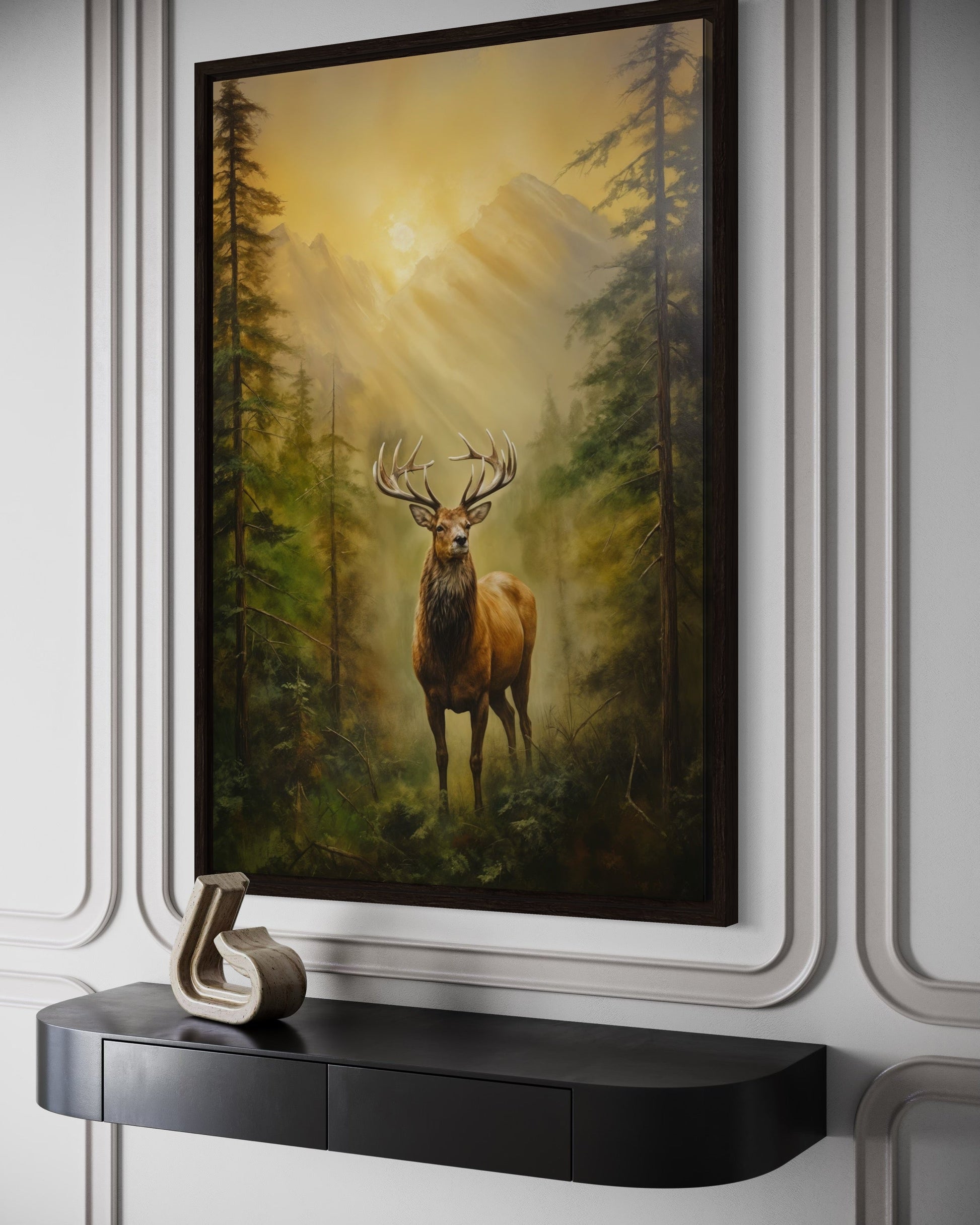 Elk in Fir Tree Forest At Sunrise Framed Canvas Wall Art