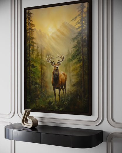 Elk in Fir Tree Forest At Sunrise Framed Canvas Wall Art