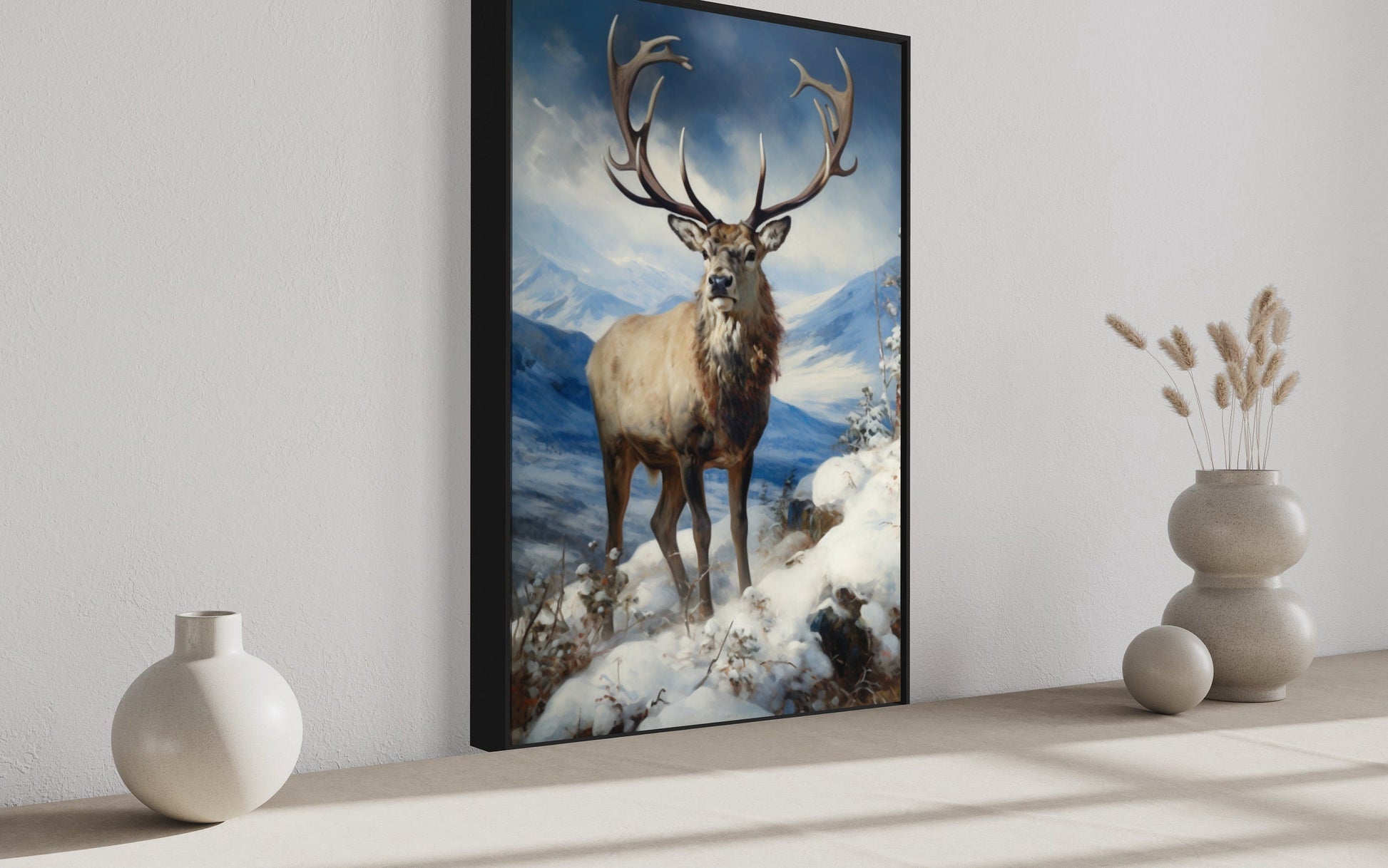 Elk in Snowy Mountains Framed Canvas Wall Art - Winter Cabin Decor