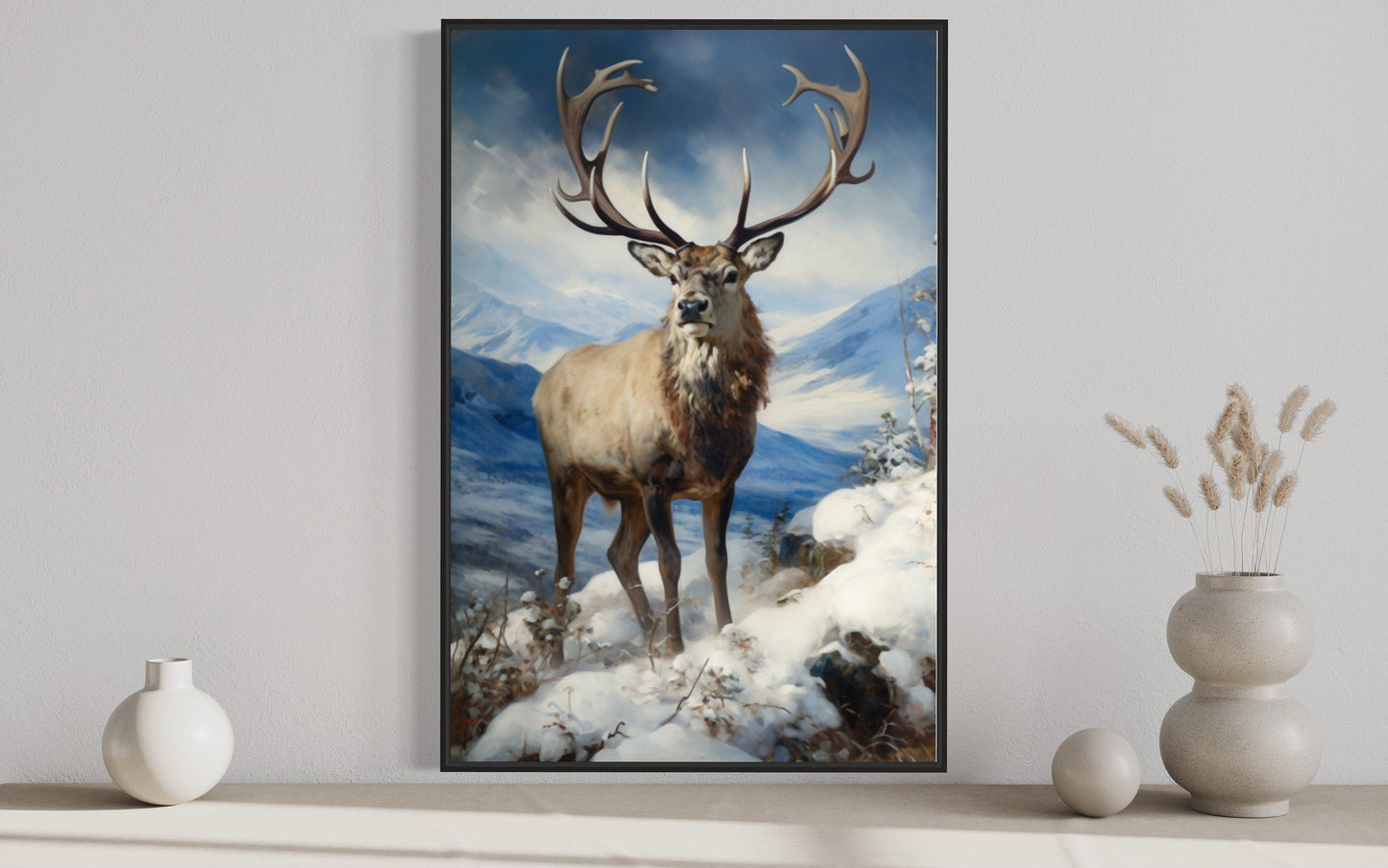 Elk in Snowy Mountains Framed Canvas Wall Art - Winter Cabin Decor