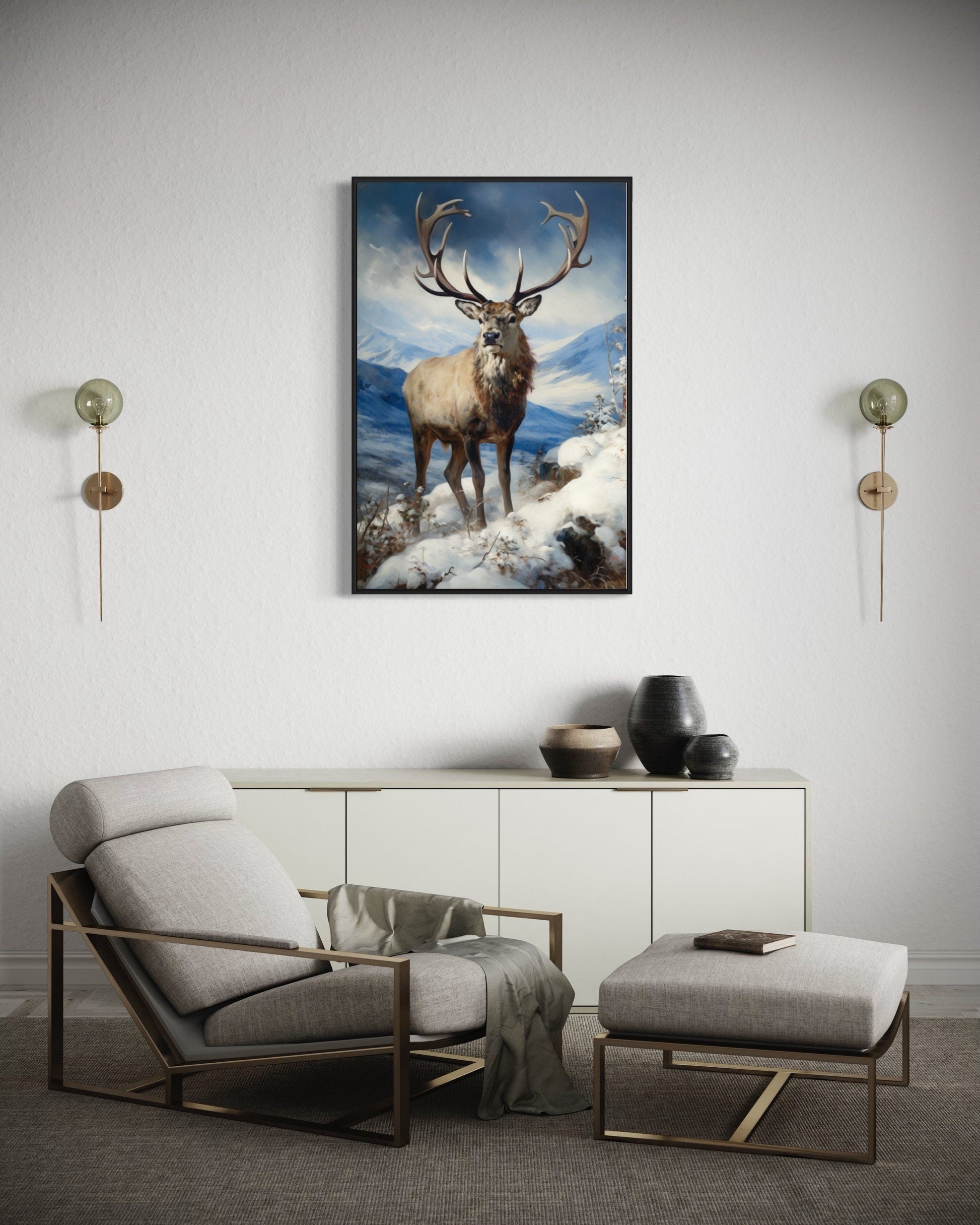 Elk in Snowy Mountains Framed Canvas Wall Art - Winter Cabin Decor