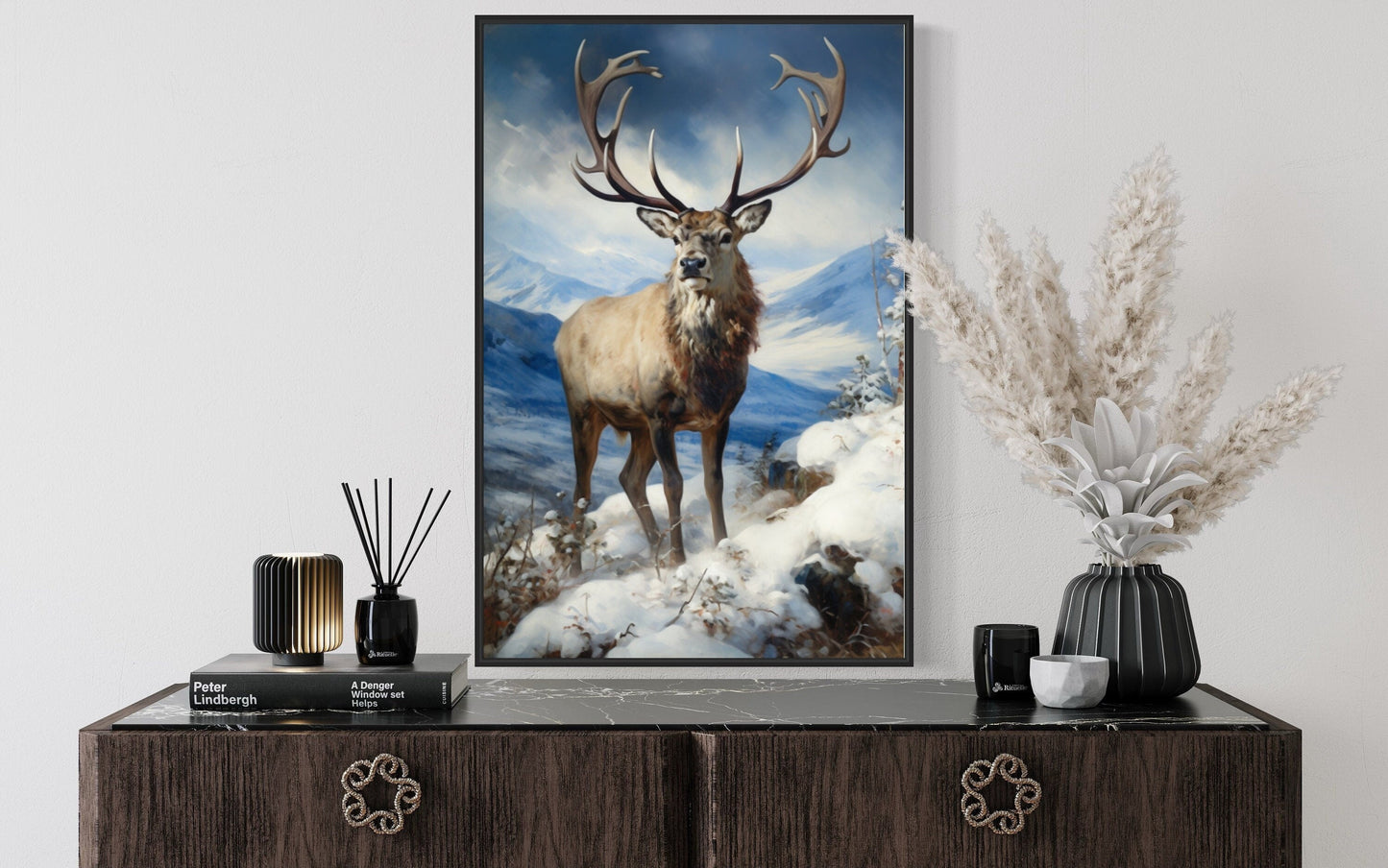 Elk in Snowy Mountains Framed Canvas Wall Art - Winter Cabin Decor