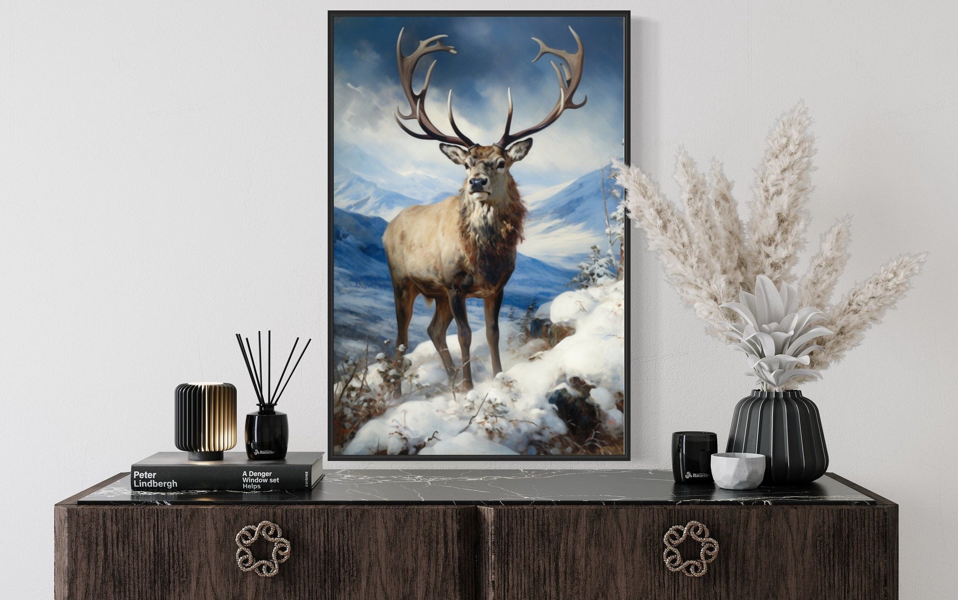 Elk in Snowy Mountains Framed Canvas Wall Art - Winter Cabin Decor