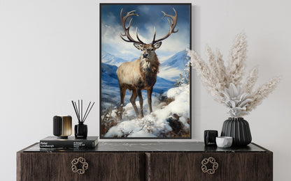 Elk in Snowy Mountains Framed Canvas Wall Art - Winter Cabin Decor