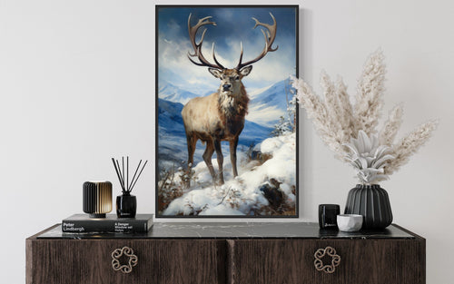 Elk in Snowy Mountains Framed Canvas Wall Art - Winter Cabin Decor